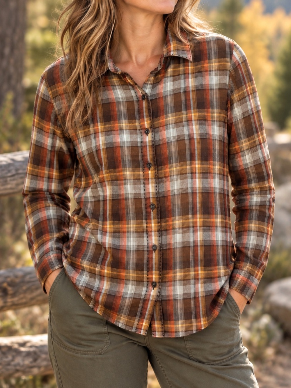 Prana S Fall Colors Brown Rust Plaid Button Down Shirt 100% Cotton Gorpcore